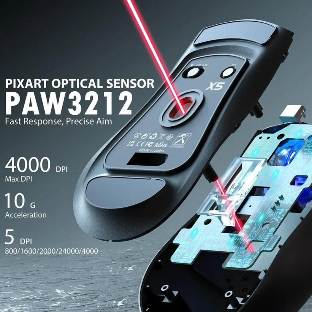 Мышка геймерская аккумуляторная attack shark X5 PixArt PAW3212 Bluetooth/2,4G 4000DPI White (X5-3212W) - фото 6 Мышка геймерская аккумуляторная attack shark X5 PixArt PAW3212 Bluetooth/2,4G 4000DPI White (X5-3212W) - фото 6