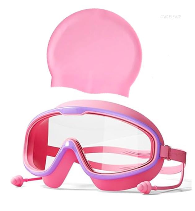 Очки детские и шапочка для плавания с берушами в бассейн и на море Розовый/Фиолетовый