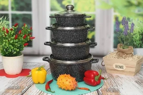 Набор кастрюль Benson 8 предметов Черный с белыми вкраплениями (BN-378)