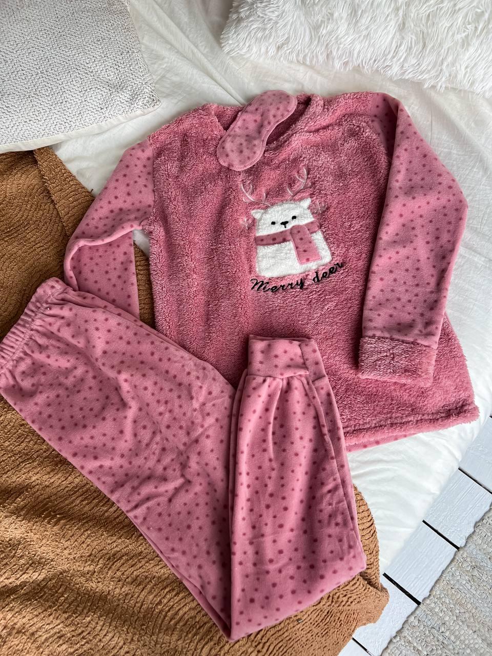 Пижама женская теплая DO2163 с принтом и маской для сна L Розовый