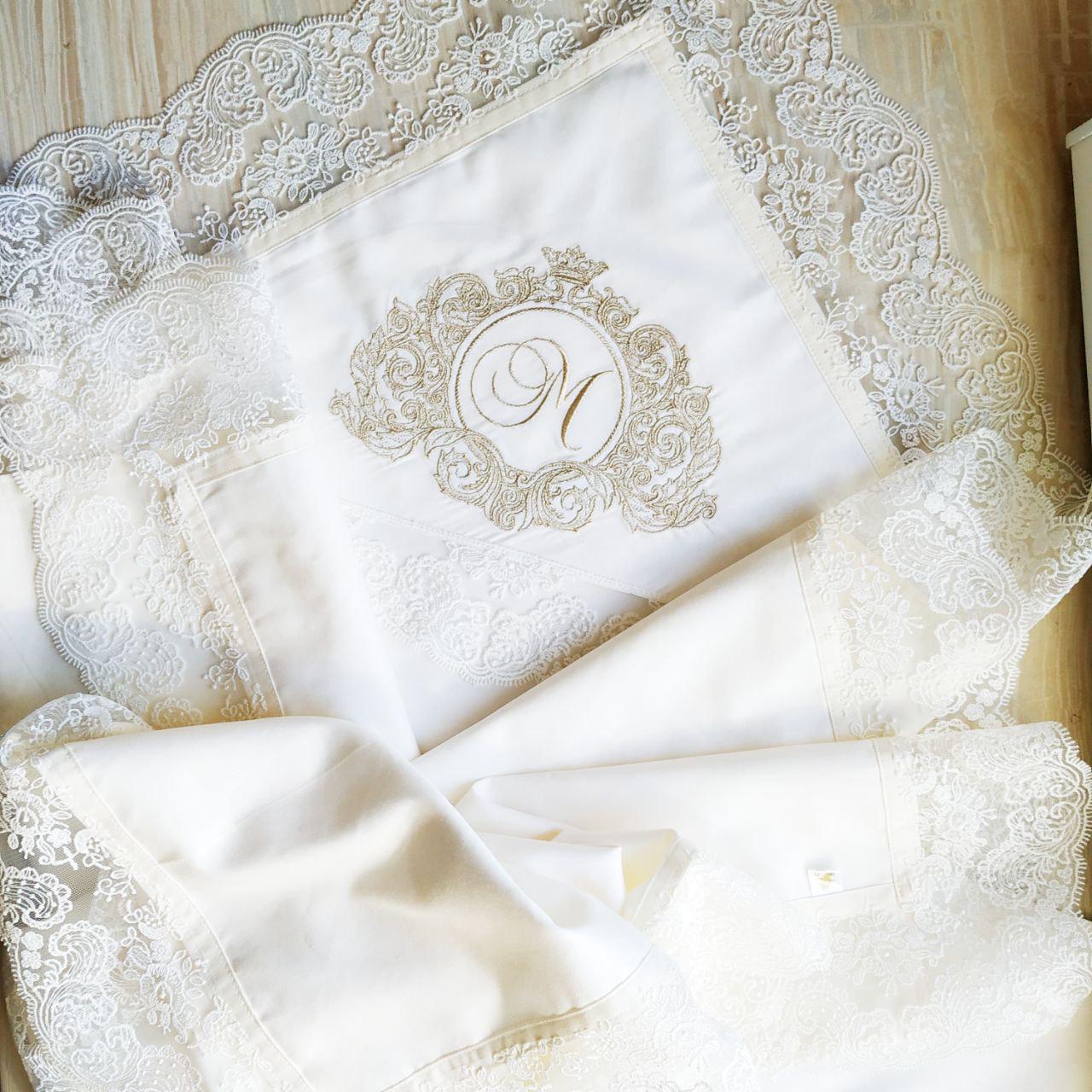 Набор для крещения именной Барокко с монограммой махровая крыжма/мешочки для локона и хранения (2174372007)
