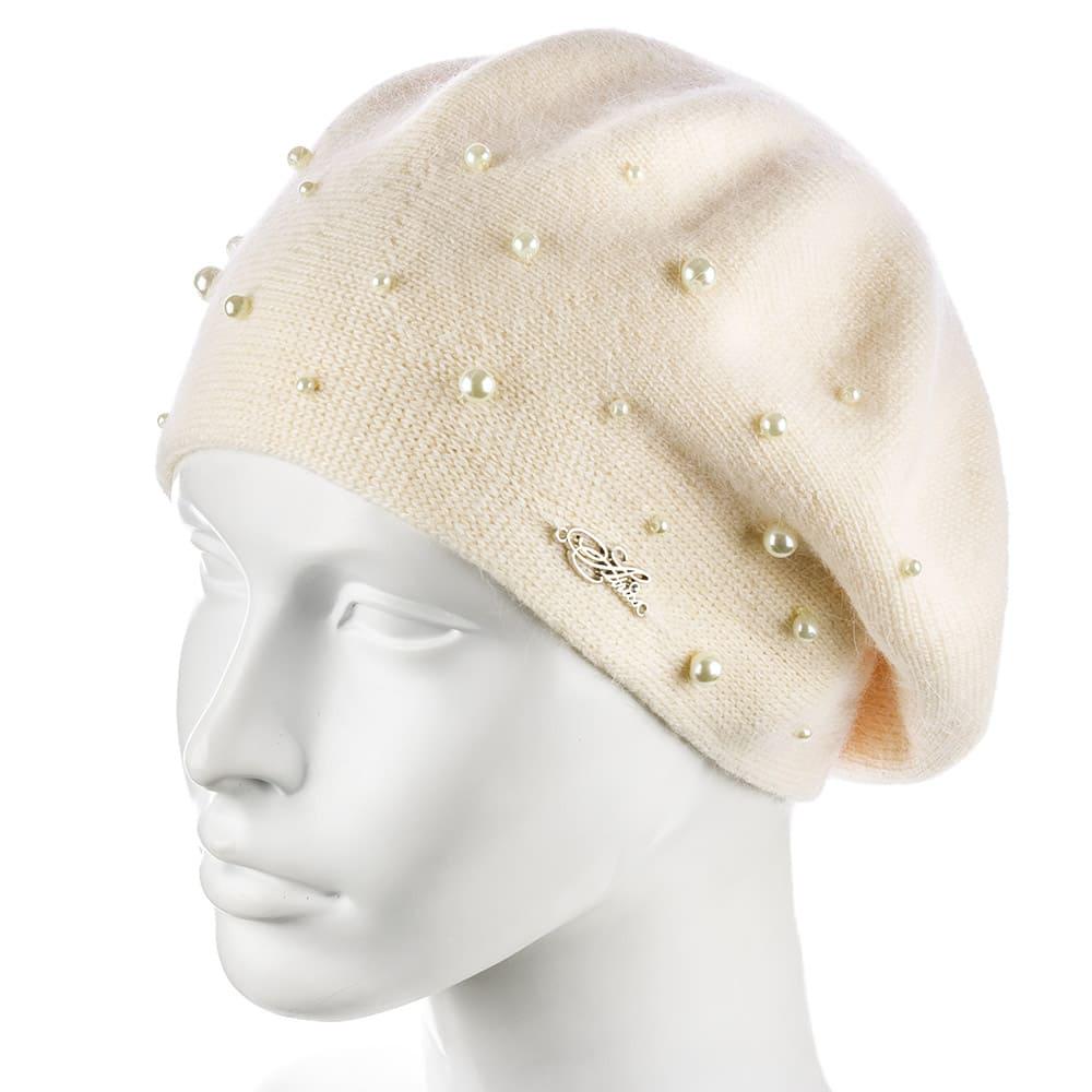 Берет ангоровый Actrics WH780 двойной с бусинами на ножке L р. 57-58 Ванильный