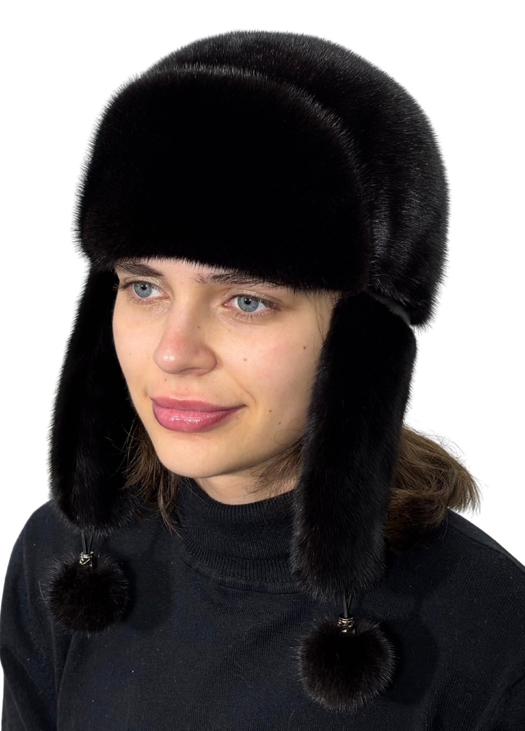 Шапка женская Меховой стиль Комбинированная Ушанка из натурального меха норки M-L Темно-коричневый (058/F)