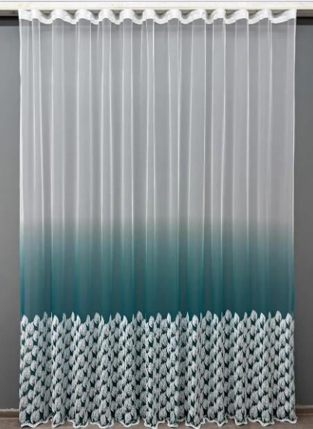 Тюль грек сетка омбре Листочки с вышивкой Бирюзовый/Белый (1490т)