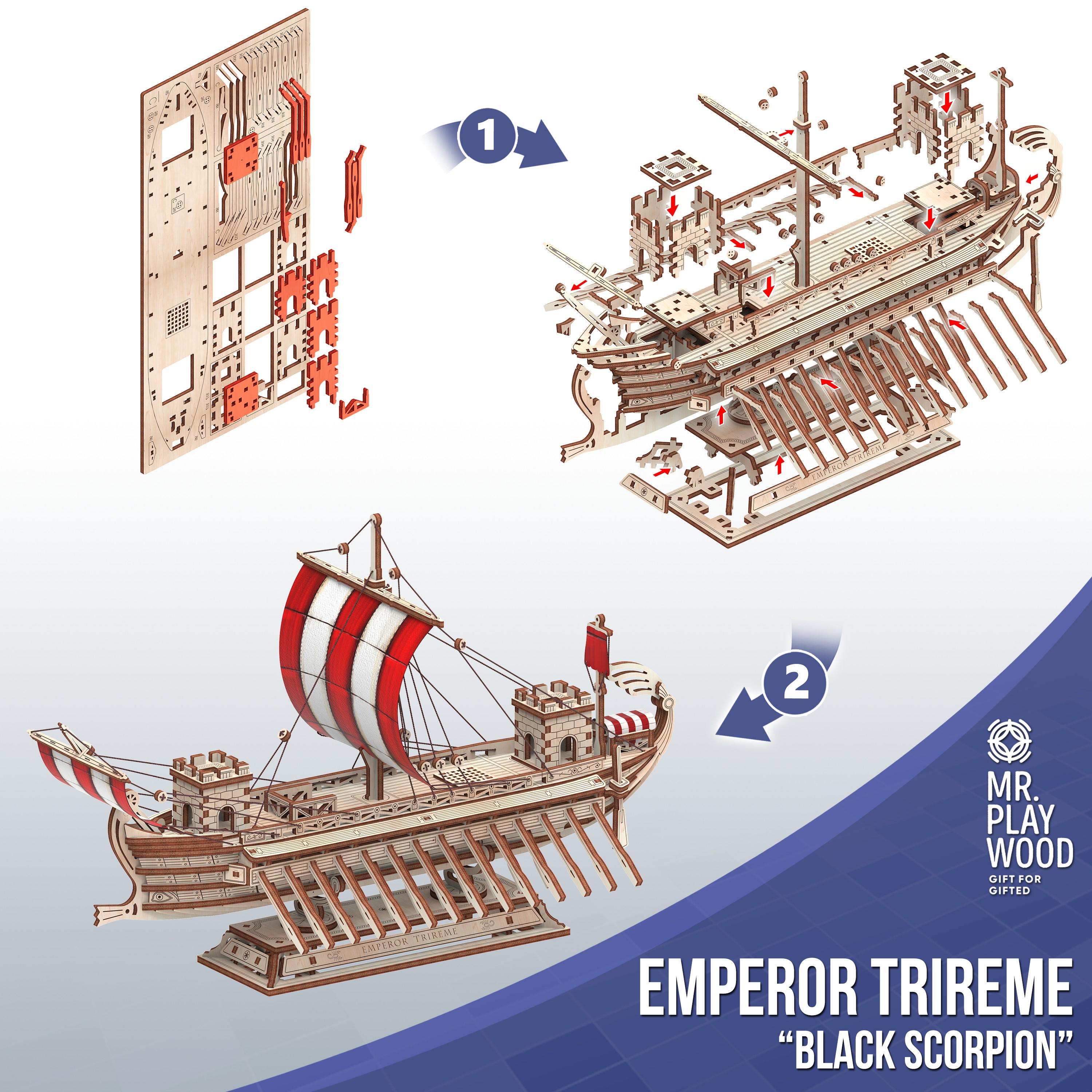 Конструктор дерев'яний Mr Playwood Корабель Імператорська трієра Чорний Скорпіон (10112) - фото 5 Конструктор дерев'яний Mr Playwood Корабель Імператорська трієра Чорний Скорпіон (10112) - фото 5