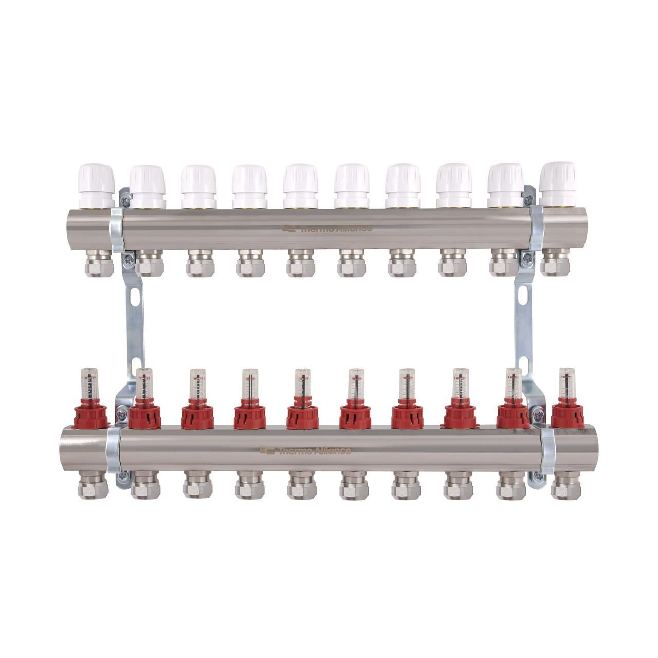 Коллектор латунный с расходомерами и евроконусами Thermo Alliance Standart 1" на 10 выходов (TAS235W10E)