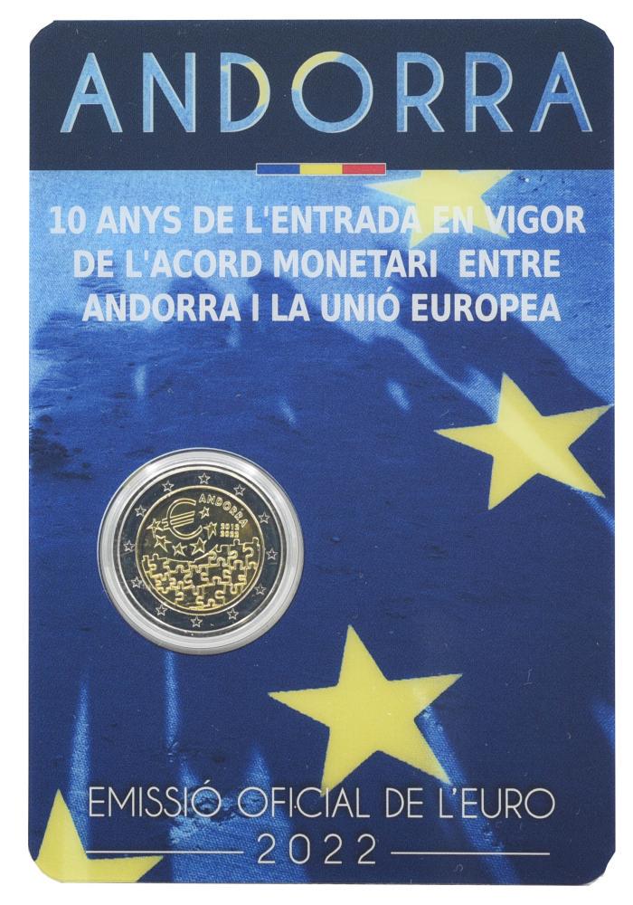 Коллекционная монета Андорра 2 евро 2022 Биметалл UNC 10-летие вступления в силу денежно-кредитного соглашения между Андроррой и ЕС (М17282)