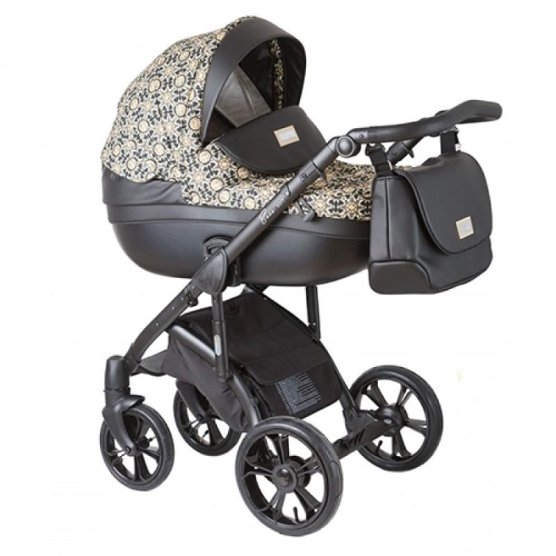 Коляска Roan Bass Soft New універсальна 2в1 з принтом з багажним кошиком та сумкою Чорний/Золотистий Коляска Roan Bass Soft New універсальна 2в1 з принтом з багажним кошиком та сумкою Чорний/Золотистий