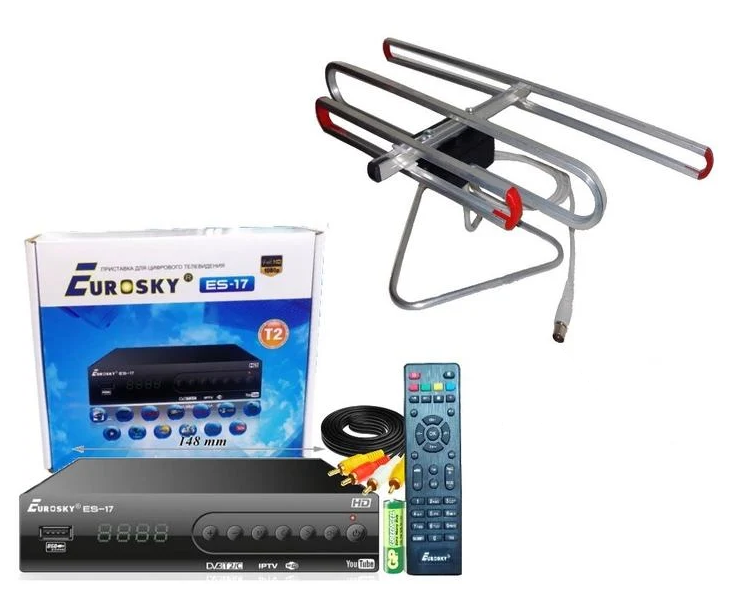 Тюнер Eurosky ES-17 DVB-T2/антенна улучшенная комнатная с TV-кабелем/WiFi-адаптер