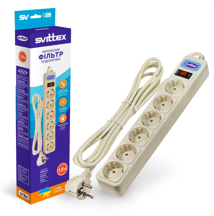 Фильтр-удлинитель сетевой SVITTEX 1,8 м SV-861 6 гнезд Фильтр-удлинитель сетевой SVITTEX 1,8 м SV-861 6 гнезд