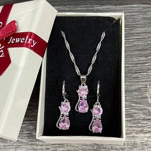 Набор украшений серьги и колье розовые кошечки в серебре ювелирный сплав и цирконы (1944575274)