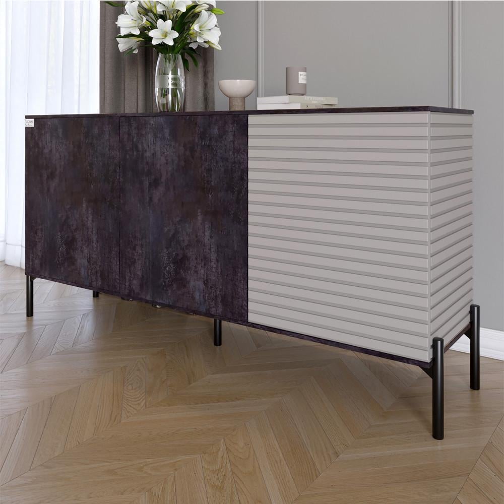 Комод закрытый в гостиную на черных металлических ножках Lion Грей 154x38x76,5 см Бетон темный/Кашемир (Lion-041805)