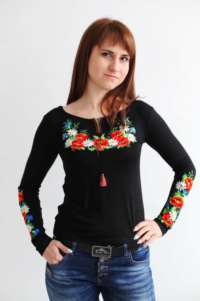 Женская вышиванка на длинный рукав с маками и ромашками (В-2)