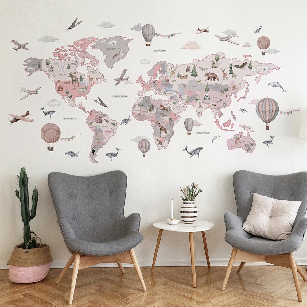 Декоративная наклейка на стену Карта мира на английском языке LIPKO Розовый (793)
