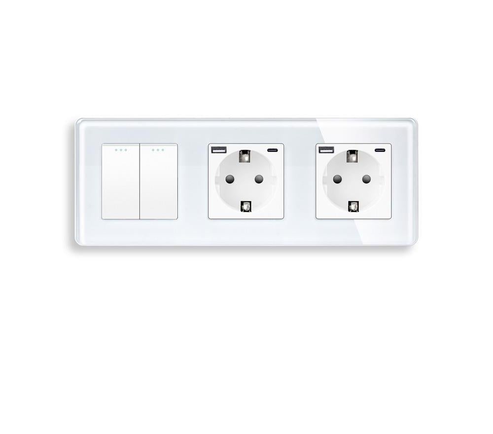 Выключатель перекрестный ELIOS 2-клавишный с двумя розетками USB A+C 20Вт с заземлением/защитными шторками стекло Белый