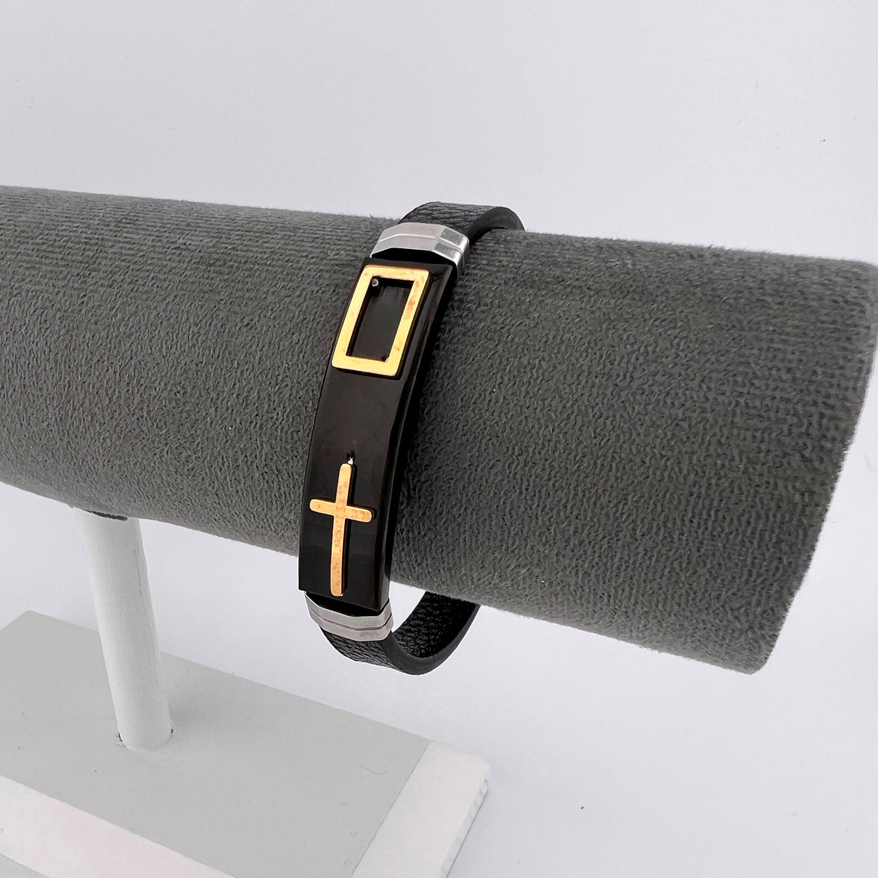 Браслет из медицинской стали на кожаном ремешке 20 см (BH-005)