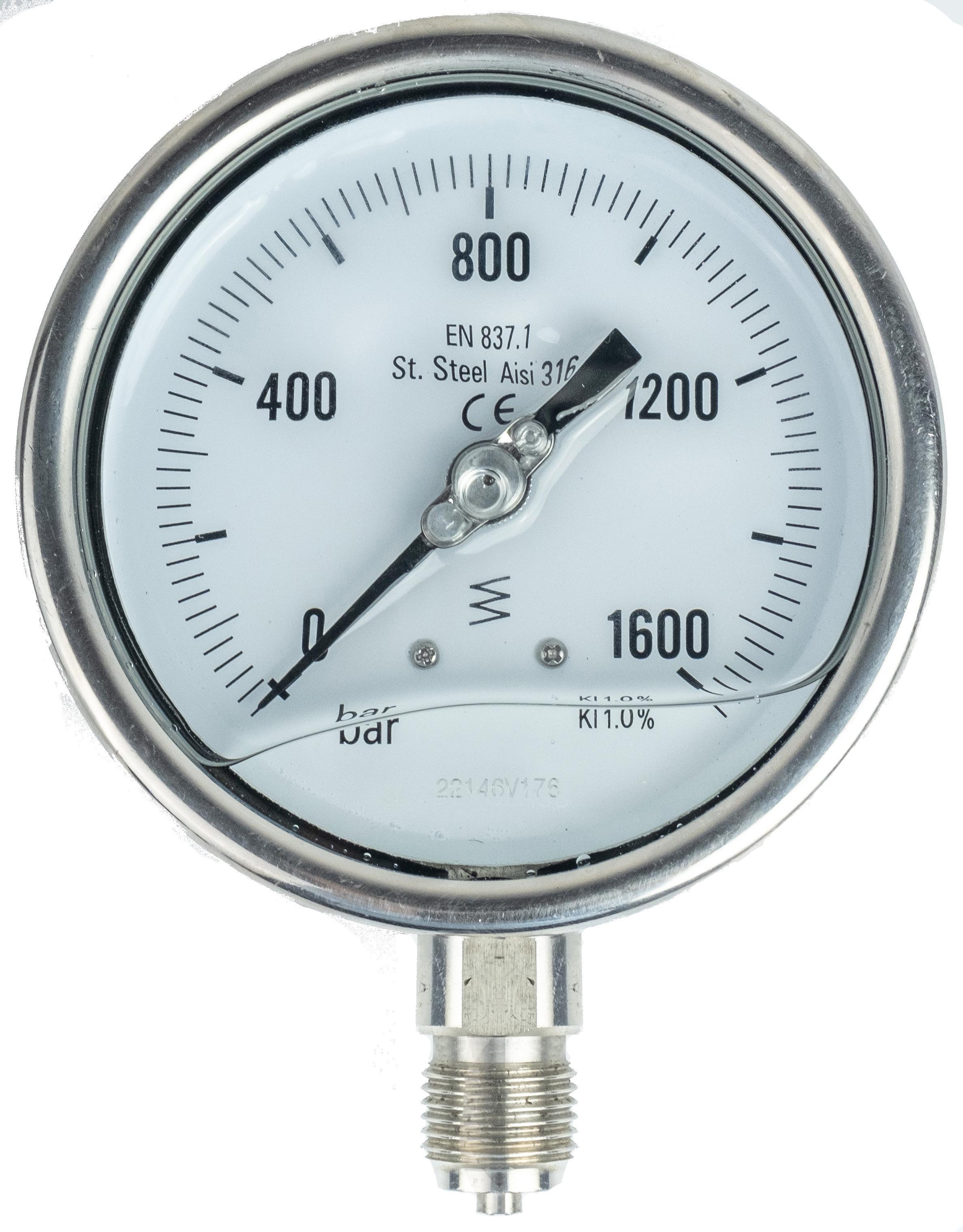 Манометр с глицериновым наполнением подключение радиальное снизу G 1/2" BSPP Ø 100 мм 0-1600 бар (MI_M100R1600MGE)