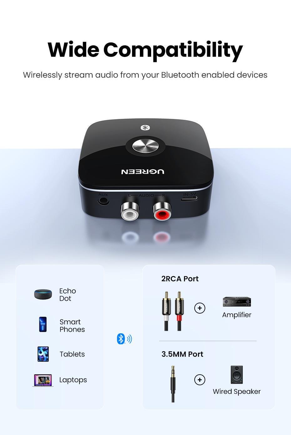 Адаптер UGREEN Bluetooth 5.1 приймач aptX HD Hi-Res 3,5 мм minijack AUX/2RCA-micro USB Аудіо AAC/SBC стерео Чорний (40759) - фото 2