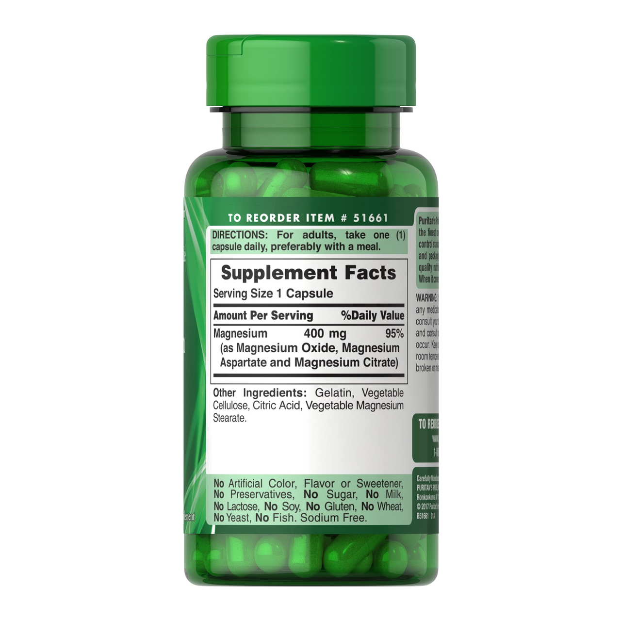 Магній Puritan's Pride Triple Magnesium Complex 400 mg 60 капс. (09184-01) - фото 2