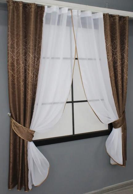 Комплект штор на кухню 280х170 см Коричневый/Белый (109к) - фото 2