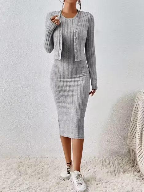 Костюм женский однотонный двойка с длинным рукавом трикотажная майка и платье