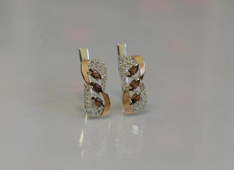 Серебряные серьги Sil с золотыми пластинами 120s-9 Коричневый (Sil-807)