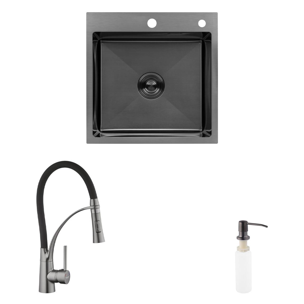 Комплект кухонная мойка Kroner Schwarze-5050HM PVD/смеситель Ersel-GRP03393BLK/дозатор Spender-026 (CVS30145)