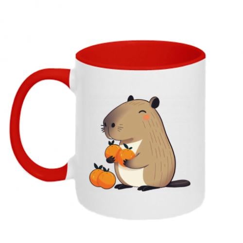 Чашка керамическая двухцветная Капибара радуется апельсинам 320 мл Красно-белый (17077545-18-199693) - фото 1 Чашка керамическая двухцветная Капибара радуется апельсинам 320 мл Красно-белый (17077545-18-199693) - фото 1