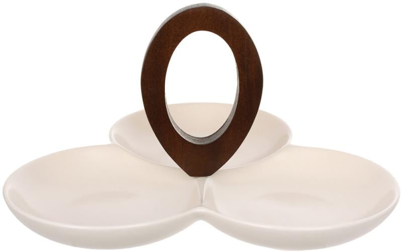 Менажница фарфоровая Natural Serving Cream 3 секции 24x23 см с деревянной ручкой