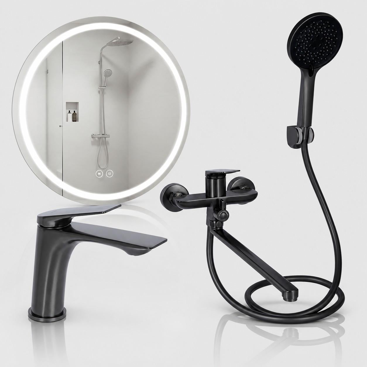 Комплект для ванной комнаты Qtap Vlasta Black Premium 3в1 смеситель для ванны с душем/смеситель для раковины и зеркало Mideya LED