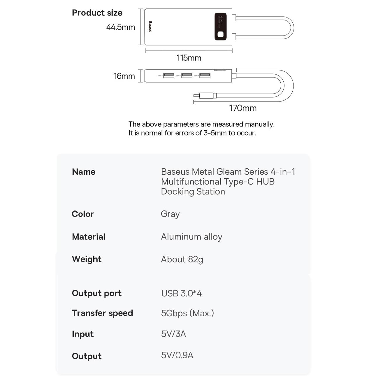 Хаб USB Type-C BASEUS Metal Gleam Series 4in1 Hub Multifunctional 4xUSB3.0 Gray (WKWG070013) - фото 9