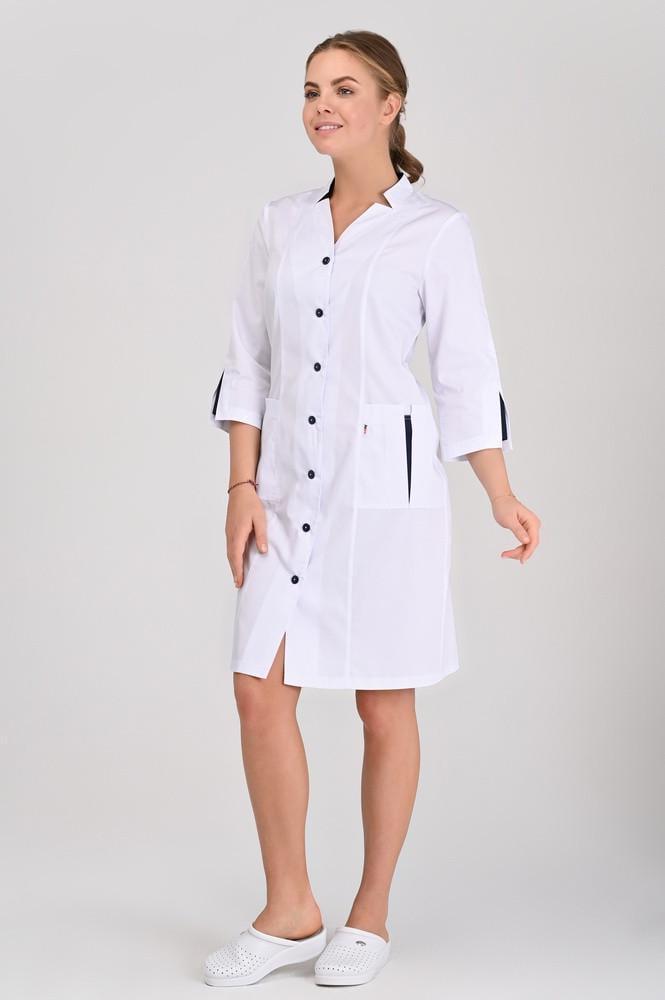 Халат женский TopLine Генуя рукав 3/4 на пуговицах р. 54 Белый/Темно-синий (11334-(54)б.-т.с) - фото 3