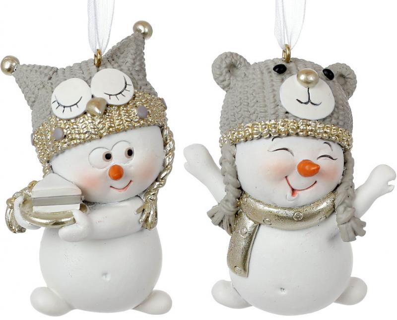 Фигурки новогодние подвесные Снеговик в вязаной серой шапке 8 см 12 шт. (BD-559-551)