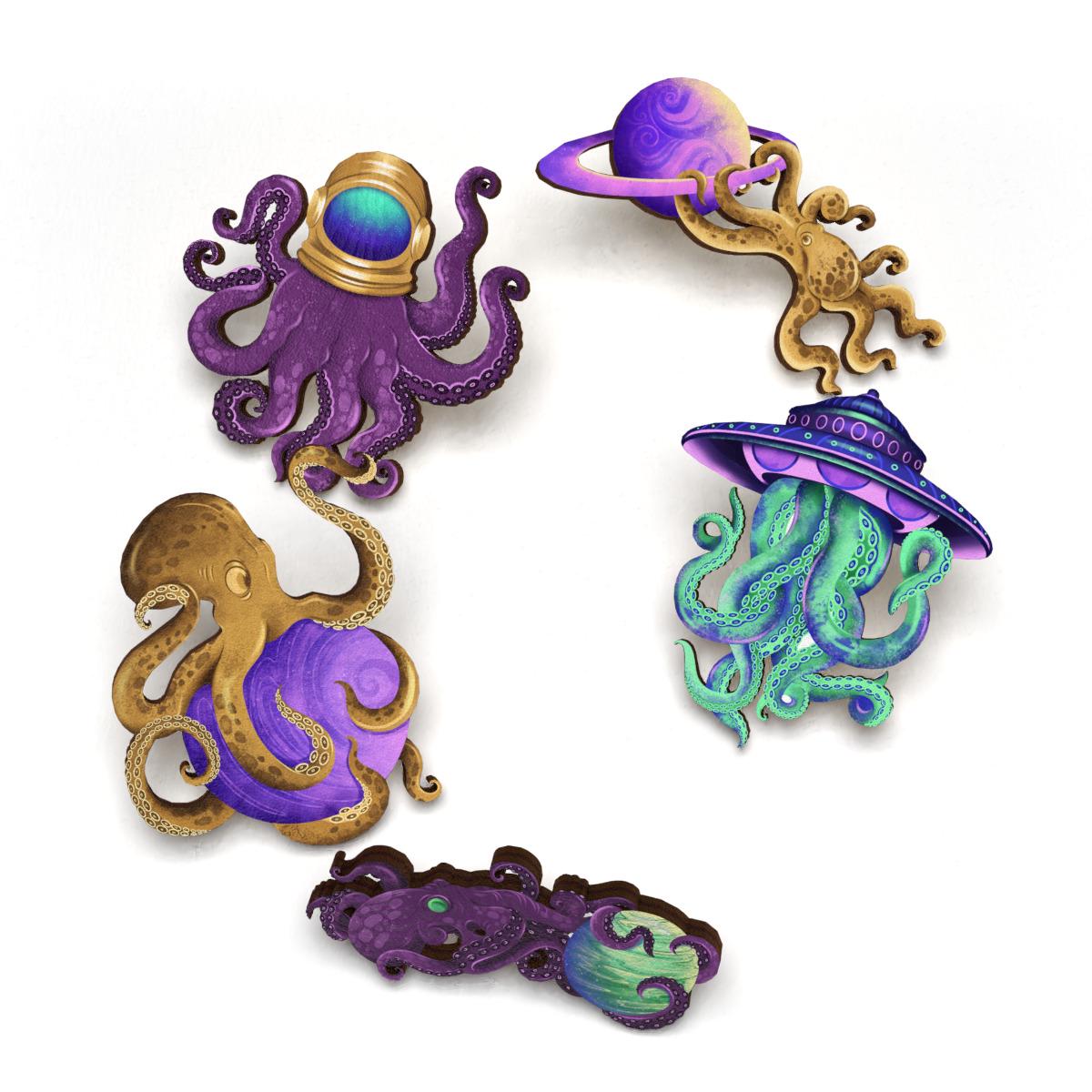 Набор значков Lex Altern Разноцветные осьминоги/космос из дерева 5 шт.