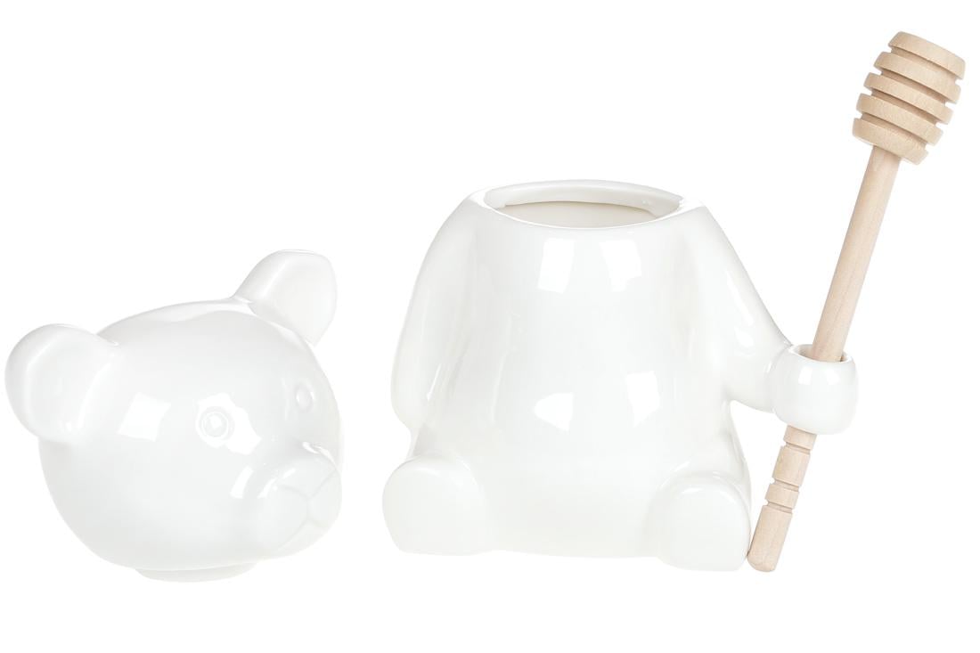 Медовница фарфоровая 280 мл Мишка с деревнянной ложкой Белый - фото 2