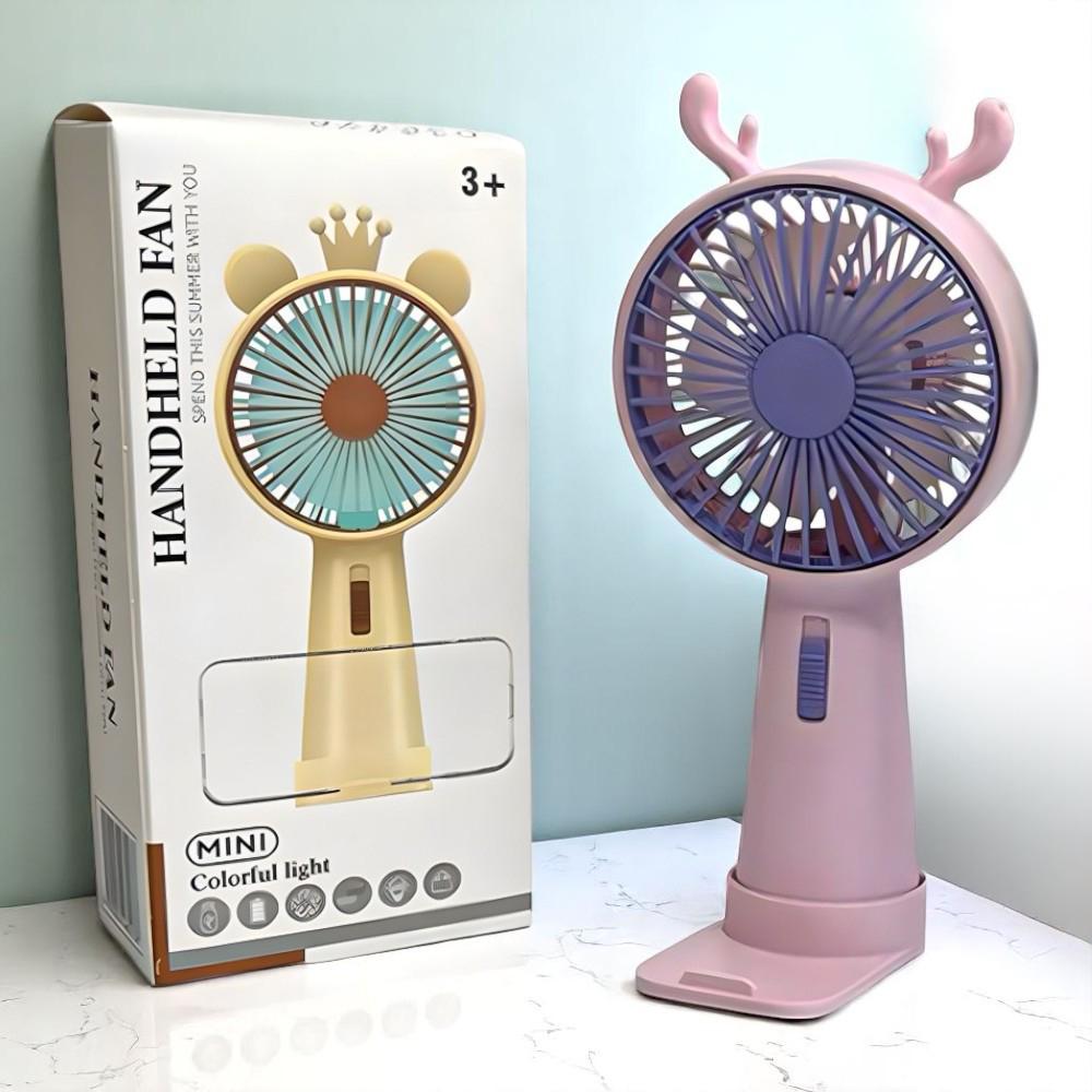 Вентилятор портативный Олененок с рожками на аккумуляторе и USB Розовый (51-рож-39559)