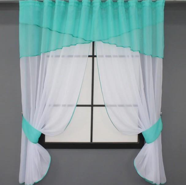 Комплект штор на кухню 270х170 см Бирюзовый/Белый (091к)