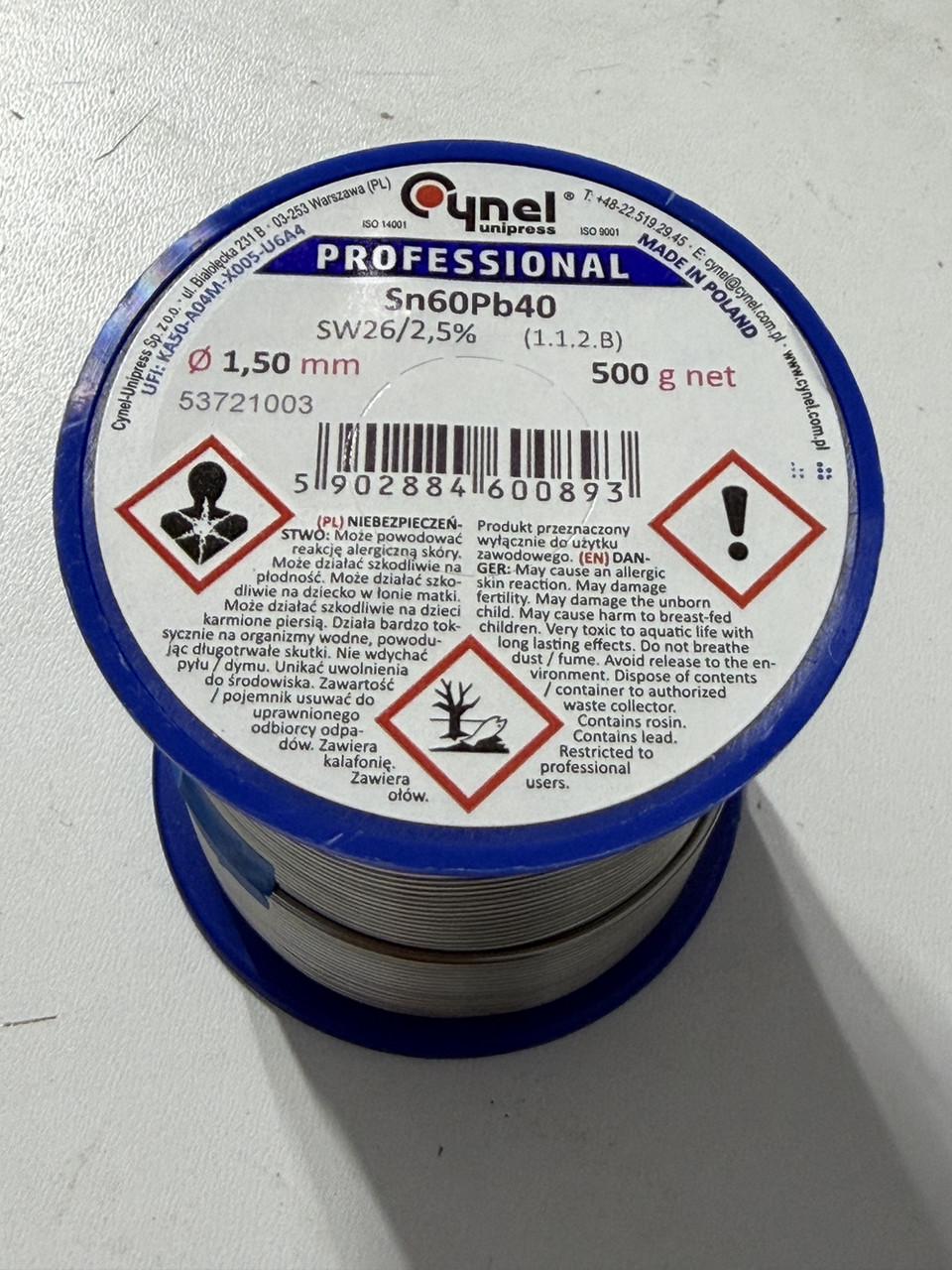Припой Cynel Sn60Pb40 с флюсом 1,5 мм катушка 0,5 кг