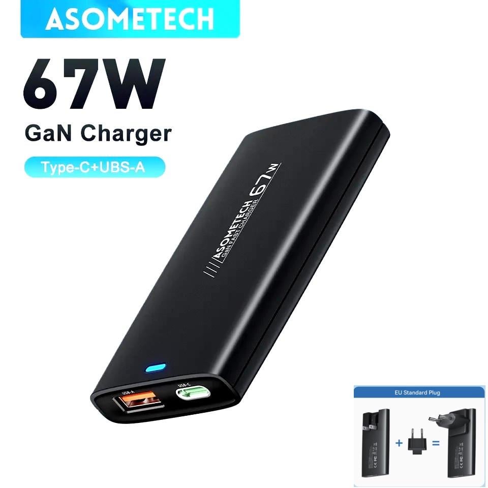 Зарядний пристрій мережевий Asometech GaN 67W USB+Type-C Fast Charger Compact Black (25397250) - фото 11 Зарядний пристрій мережевий Asometech GaN 67W USB+Type-C Fast Charger Compact Black (25397250) - фото 11