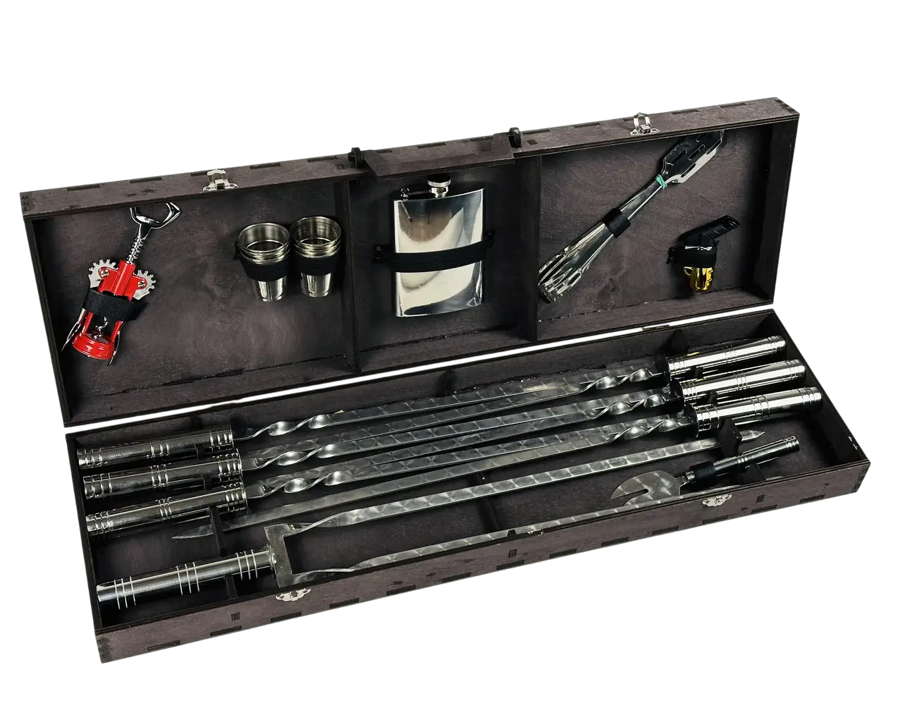 Набор шампуров GrillMaster Вуд NB-3007 двойной шампур/фляга рюмки/щипцы нержавеющая сталь 3 мм 18 пр. (10-164-NB-3007)