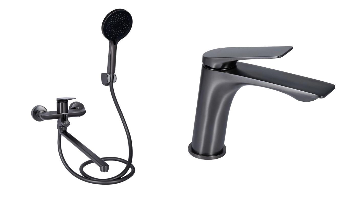 Набір змішувачів для ванни Qtap Vlasta з довгим поворотним виливом Графітовий