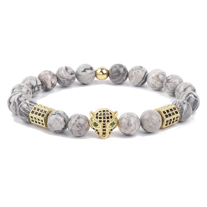 Браслет из яшмы с пантерой и многогранниками р. 19 Золотой/Серый (13016)