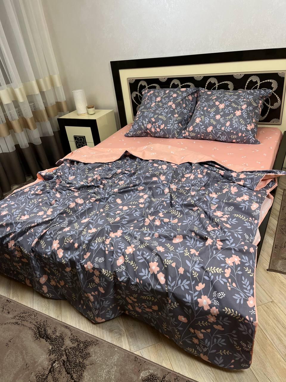 Комплект постельного белья Цветы хлопковый двуспальный 180x220/70х70 см Серый