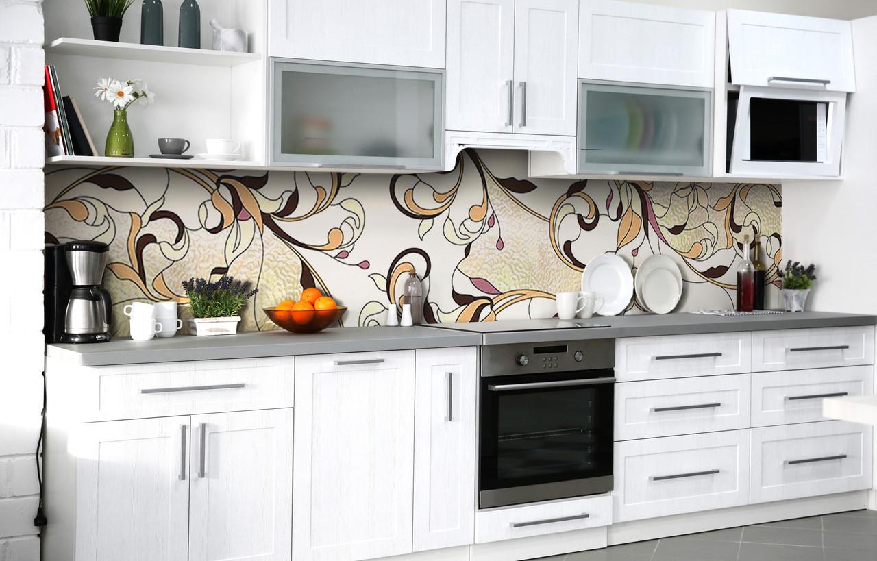 Кухонный фартук Цветочный витраж виниловый самоклеющийся 600х2500 мм Бежевый