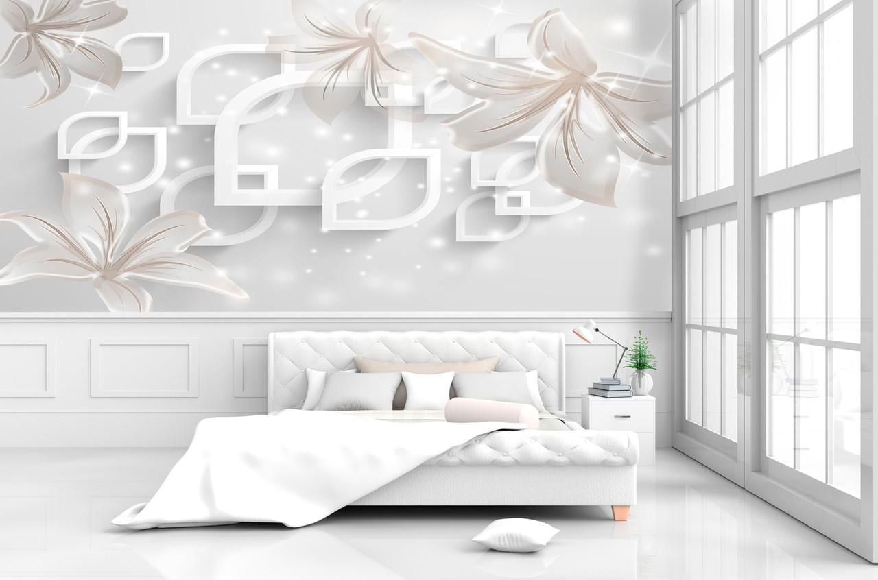 Фотообои 3D флизелиновые цветочные для спальни/зала/кухни Лилии в молочно-бежевых тонах