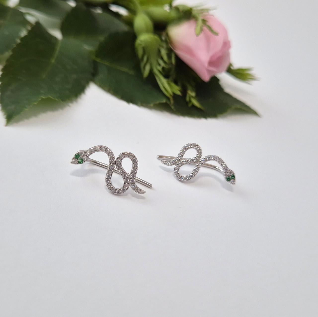 Серьги кафы змея с белыми камнями серебро 925 пробы родированное 1,39 г (лк0429р)