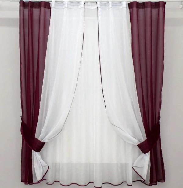 Комплект штор/тюль кухонные шифон 280х170 см Бордовый/Белый (038к)