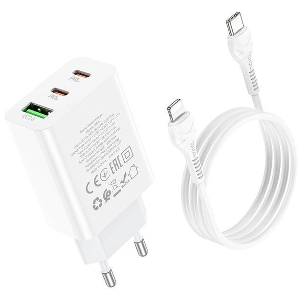 Зарядное устройство Hoco C99A PD20W QC3.0 1USB/2Type-C/3A с кабелем Type-C Lightning Белый (1830482515)