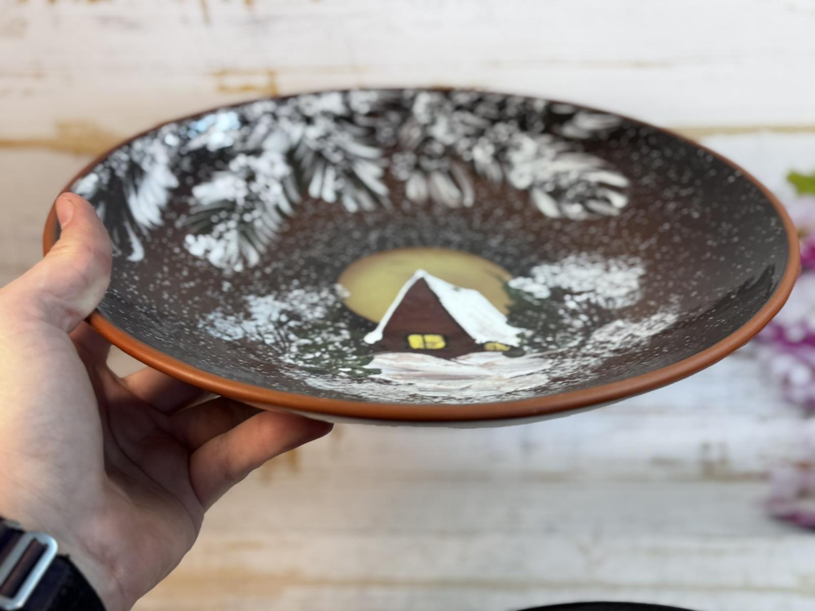 Блюдо глиняное Новогоднее Зима для утки d 38 см ручной работы - фото 2