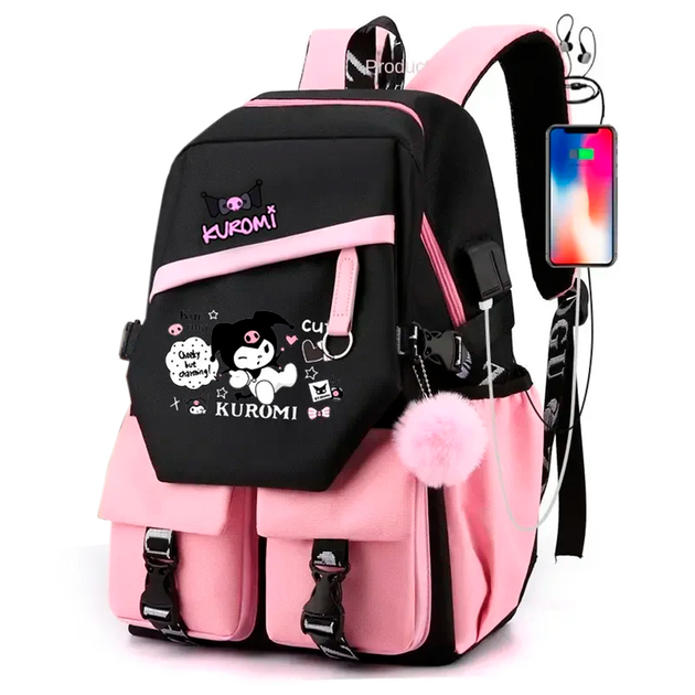 Школьный рюкзак для девочки KUROMI в японском стиле с помпоном и USB-кабелем PINK (2444710993) - фото 2